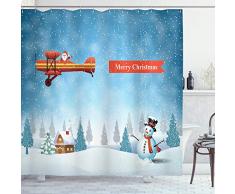 ABAKUHAUS Natale Tenda da Doccia, Babbo Aereo Pupazzo di Neve, Tessuto Set di Decorazioni per Il Bagno con Ganci, 175 x 200 cm, Blue Orange