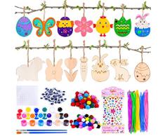 FORMIZON Artigianato in Legno di Pasqua, 48 Pezzi Pasqua Legno Ciondolo, Uova di Pasqua Ornamenti in Legno, Decorazioni Pasqua Ornamenti, Ornamenti Appesi in Legno di Pasqua