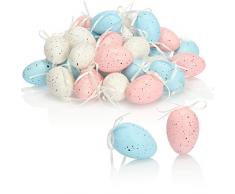 com-four® 36x Uova di Pasqua Dipinte a Mano da Appendere - Decorazioni Pasquali Color Pastello con Design Fantastico - Addobbi di Pasqua Decorative (Set11 - Bianco/Blu/Rosa)
