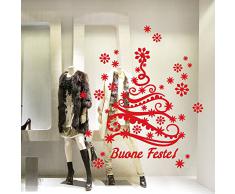 NT0381 Adesivi Murali - Albero con fiocchi di neve - Vetrofanie natalizie - 60x120 cm - Rosso - Decorazioni vetrine per Natale, stickers, adesivi