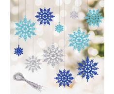Kiiwah 30 Pezzi Fiocchi di Neve Ornamenti, Fiocchi di Neve Glitter da Appendere per Addobbi Albero di Natale e Ghirlande (Blu, Azzurro, Argento)