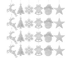 24 Pezzi Decorazioni Albero di Natale Fiocchi di Neve Decorativi Ornamenti Albero di Natale in Argento Addobbi Natalizi Fiocco di Neve Renne Decorazioni Natalizie(Argento)