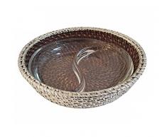 Centro tavola con vetro in rattan naturale rivestito in argento