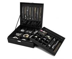 ProCase Scatole Portagioie Donna, Cofanetto Portagioielli con Esposizione a Due Strati di Gioielli e Divisorio Rimovibile per Collana e per Orecchini Bracciali Anelli Orologi, Regalo -Nero