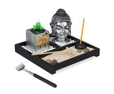 Relaxdays Giardino Zen, con Buddha, Pietre, Sabbia, Porta Incenso & Portalumino, Rilassante, Decorazione Feng Shui, Nero, Legno, plastica, Set da 1 pz