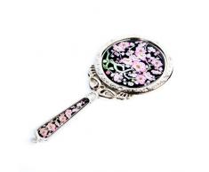 Specchio Compatto Rotondo in Madreperla Specchio a Mano Per Trucchi o Cosmetici Specchio da Borsa o Borsetta Con Motivo Fiori Rosa in Acciaio Inossidabile