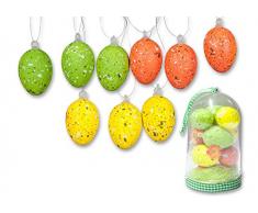 Set di 16 pezzi osterdeko: 9 gesprenkelte Ostereier Z. appeso + 6 fiori + Sisal della decorazione erba, cupola Box, allegro disegno colori, giallo/arancione/verde, H: 4 cm, uova pasqua decorazione Primavera