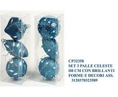 Idea Natale: Set 3 palle palline natalizie decorate con brillanti perline o foglie in forme e decori assortiti; per decorazione albero di natale; dimensione cm 8 (celeste)
