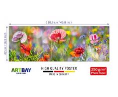 ARTBAY Poster Fiori HD XXL - Panorama Foto - 118,8 x 42 cm | Papavero Fiorito | Prato Fiorito Illuminato dal Sole | Poster Natura | qualità Premium