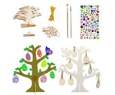 Uova di Pasqua Albero di Pasqua in Legno, 58 Pezzi Decorazioni di Pasqua in Legno Kit di decorazioni per uova di Pasqua Con Corde Sospese per Dipingere e Decorare la Festa di Pasqua