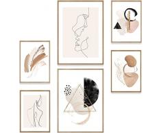 MUUDLY® Set di poster di alta qualità, moderni quadri da parete per soggiorno e camera da letto, 2 x A3 e 4 x A4, immagini come decorazione da parete (senza cornice, linea astratta, beige)