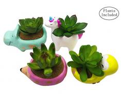 JIUCHEN 4 Pezzi Piante grasse Artificiali con vasi, Decorazione da Tavolo per la casa, Il Balcone e L'Ufficio, Decorazione per la casa + Unicorno + Riccio + Animale Pupazzo
