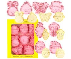 Crethink Set di 8 formine per biscotti pasquali in plastica, uova di Pasqua, coniglio, pulcino, farfalla, pecore, carota, cestino con uova colorate, fiori di Pasqua.