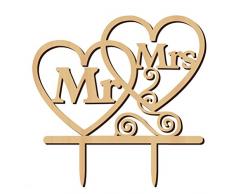 ULTNICE - Decorazione per torte di matrimonio Mr Mrs con cuori, forma decorativa per torte in legno per matrimonio anniversario