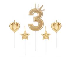 1 Set di 7,6 cm Candele di Compleanno, tra Cui 1 Candela con Numero Principale Della Torta Della Corona, 2 Candele a Stella e 2 Candele a Cuore per Compleanni, Anniversari, Feste (Oro, 3)