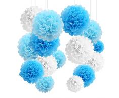 Decorazione festa YBwanli tema blu，24 pompon di carta velina，fiori di carta pompon，adatto per feste di compleanno，matrimoni，Festa del ragazzo，decorazione(Azzurro,blu,bianco)