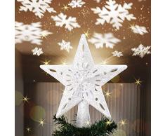 Bakaji Puntale a Forma di Stella Luminoso con Gioco Luci Fiocchi di Neve a Riflesso su Soffitto Altezza 26cm Decorazione Punta Albero di Natale Decorazioni Natalizie con Glitter (Argento)