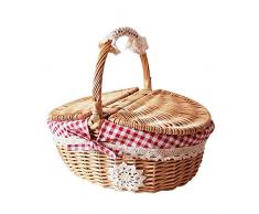 LCZ Cestini da Picnic, Rattan Intrecciato A Mano Vimini Cestino di Pasqua Cappuccetto Rosso Cestino Portatile Cestino da Picnic con Un Coperchio,Beige,M