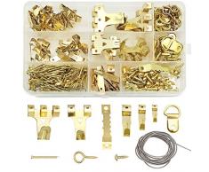 LURICO Ganci per Quadri cornici, 250 Pcs Photo Frame Ganci Fissaggio Quadri Appendiabiti Kit, per Appendini Quadri con Viti Ottone e Scatola di Immagazzinaggio