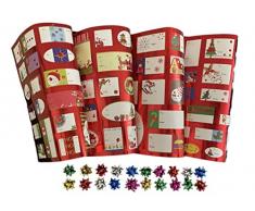 Biglietti Adesivi di Buon Natale c/coccarde adesive a Stella, Confezione di Etichette Natalizie Adesive c/coccarde Stelle adesive multicolore metalliche per regali fai da te, Box da 50 pz.