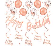 Decorazioni Happy Birthday in Oro Rosa Include Banner Compleanno Lettera, 4 Stelle Filanti a Spirale da Appendere in Oro Rosa e 10 Palloncini Lattice Forniture Compleanno di Coriandoli
