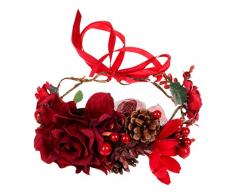 Minkissy corona di fiori rosa rossa ghirlanda di Natale copricapo corona vacanza con pigne per la festa nuziale