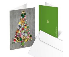 Set di 10 biglietti di auguri natalizi, pieghevoli, in grigio/rosso/verde con albero di Natale colorato, stile shabby chic, 10,5 x 14,8 cm da chiusi, con busta inclusa
