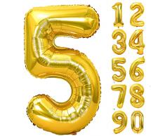 JARTTY Palloncino Numero 5 Oro (102cm), Palloncini Compleanno 5 Anni, Numeri Gonfiabili Compleanno Grandi, Palloncino Numero Foil Gigante