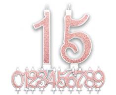 Candeline Grandi Compleanno Rosa Gold Glitter | Numeri brillanti per Torta Festa Birthday Ragazza | Decorazioni Candele Topper Auguri Anniversario Torta | Altezza 13 CM (Numero 15)