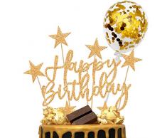 iZoeL Oro Compleanno Torta Topper, Banner di Buon Compleanno Coriandoli Palloncino Stella Candela Decorazione della Torta, per Ragazza Feste di Compleanno