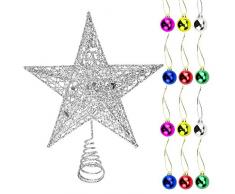 DECARETA Puntale Albero di Natale 20CM Punta Albero a Forma di Stella, Decorazione di Albero di Natale con Glitter, Set di Stella Puntale Albero con 12 Palline Albero di Natale da 3 cm (Argento)