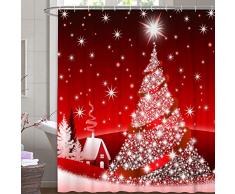 M&W DAS DESIGN Tenda da doccia natalizia, in tessuto, colore rosso, per albero di Natale, resistente alla muffa, decorazione natalizia a forma di stella, resistente ai colori, con 12 anelli a C, peso