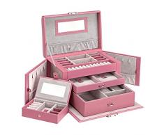 SONGMICS Cofanetto Portagioielli, Scatola Portagioie con 2 Cassetti Serratura e Specchio, da Viaggio, per Anelli Braccialetti Orecchini Collane, Interni in Velluto, Regalo, Rosa JBC121PK