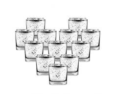 SISVIV Set di 12 Portacandele Votive in Vetro Porta Tealight Portalumini Candeliere per Matrimonio Festa Natalizio Decorazione di Bar Macchie Argento Quadrato