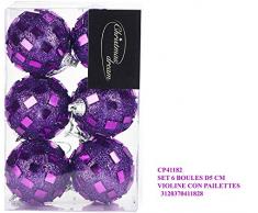 Idea Natale: Set 6 palle di natale con pailettes per addobbo albero di natale o feste o party (viola d5 cm)