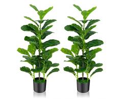 COSTWAY Piante Finte Artificiali 140/100cm, 2 Piante Finte da Interno e Esterno con 100/40 Foglie, Pianta Artificiale Decorativa Realistica in Vaso di Cemento, Ideale per Casa e Ufficio (100 cm)
