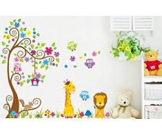 Rainbow Fox Jungle stickers murali adesivi murali civetta albero animali leone giraffa per la decorazione della scuola materna arte della parete murale per le ragazze dei ragazzi camera da letto bambino (230cmx150cm)