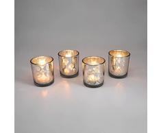 Set di Portacandele in Vetro con Candele Incluse - Piccolo Portalumini Nobile con Decorazioni - Candelieri Effetto Lanterna - Decorazione per Matrimonio, Compleanno, Natale (Argento)