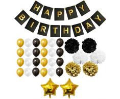 BELLE VOUS 33 Pezzi Accessori Decorazioni Oro, Bianco & Nero PON PON, Palloncini in Lattice e Foil e Striscioni per Compleanno & Feste - Kit per Ragazze, Ragazzi e Adulti