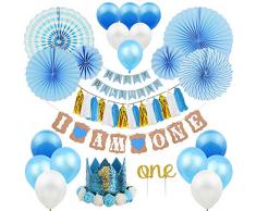 ZNZ 1st Birthday Party Decorations Boy - Primo Decorazione Festa di Compleanno per Bambini Kit Blu, Bandierine Stelle Filanti Palloncini Hanging Fan di Carta Set Cake Topper Cappellino 1 Anno Fascia