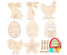 Decorazioni Pasqua Ornamenti Partito Pendenti in Legno per Albero, Uovo di Pasqua Coniglio Pulcino Fiore, Artigianato Pasquale Fai da Te 40pcs