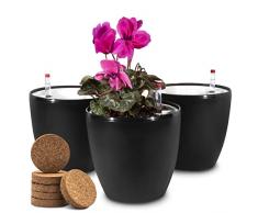 zenakio - Set 3 Vasi Autoirriganti per Piante con Porta Vaso, Riserva d’Acqua e 6 Compresse di Cocco Incluse, Neri - Vaso da Interno o Vaso da Esterno Autoirrigante con Indicatore Livello Acqua