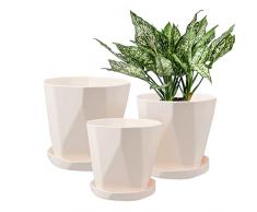 SUN-E Vasi per piante 21/17/13CM Set di 3 vasi per piante da interno Vasi da fiori per esterni con fori di drenaggio e piattini Vaso per piante da vivaio decorativo (Bianco crema)