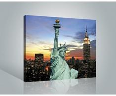1art1 New York Poster Stampa Artistica su Tela Statua della libertà E Skyline al Tramonto del Sole Quadro da Parete sulla Barella | Murale XXL | Immagine 50x40 cm