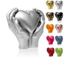 Candellana Candela Cuore nelle mani | Altezza: 16 cm | Argento | Durata: 35 ore | Dimensioni di una mano reale | Fatta a mano nell’UE