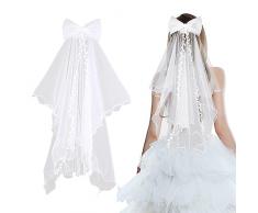 BETESSIN Velo Sposa Bianco con Pettine Coroncina da Sposa con Velo Fiocco Perle Velo Bianco per Decorazione Capelli Sposa Nozze Matrimonio Festa Addio al Nubilato Celibato Hen Party