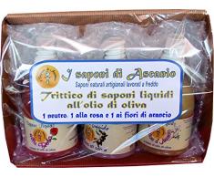 I saponi di Ascanio Trittico di saponi liquidi all'olio di oliva 1 neutro, 1 alla rosa e 1 ai fiori di arancio