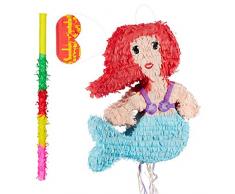 Relaxdays Pinata, set da 3 pezzi, sirena, pinatastab con maschera per gli occhi, per bambini, bastoni e benda per gli occhi, piñata, multicolore