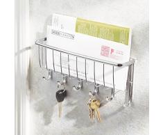 iDesign Ganci portachiavi con ripiano per lettere, Portalettere in metallo con 6 ganci ideale per sistemare la posta, Portachiavi da parete da ingresso, argento