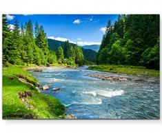 Paul Sinus Art - Quadro su tela, 120 x 80 cm, bellissimo paesaggio con montagne, bosco e ruscello